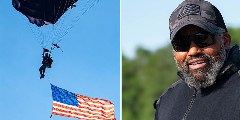 Superstar sky diver Mike Elliot who jumped out of a plane overhead to drop in for a visit by parachute. Meadow Katydids