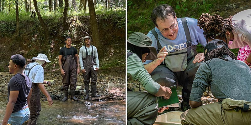 Sampling aquatic insects in Thompson Creek with the “stream team” from the SC Department of Environmental Services. Sampling aquatic insects in Thompson Creek with the “stream team” from the SC Department of Environmental Services.